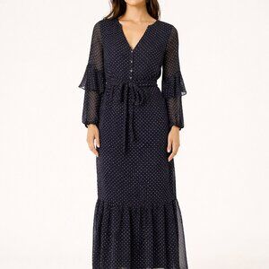 Avec Les Filles NWT Navy Polka Dot Maxi Dress Belted Size S $128 Retail